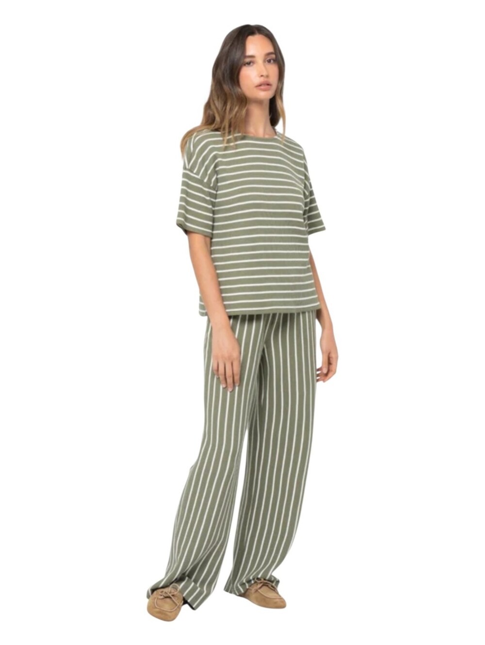 Peace Love World Womens Green Ash Stripe Honeycomb Knit Top/Pant Set Small
